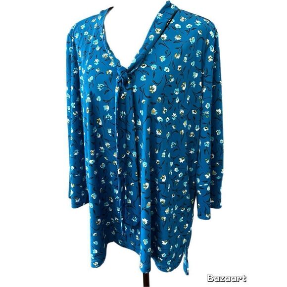 Worthington Large Blue Floral Tie Neck Blouse Size XL - Picture 1 of 9